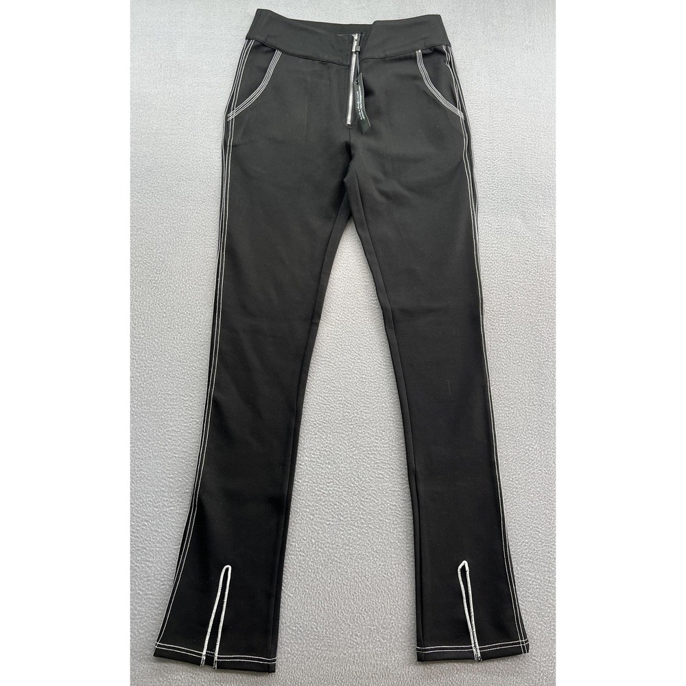 Maniere De Voir Pants Womens Size 14 Black Contrast Stitch Front Zip Slit Hem